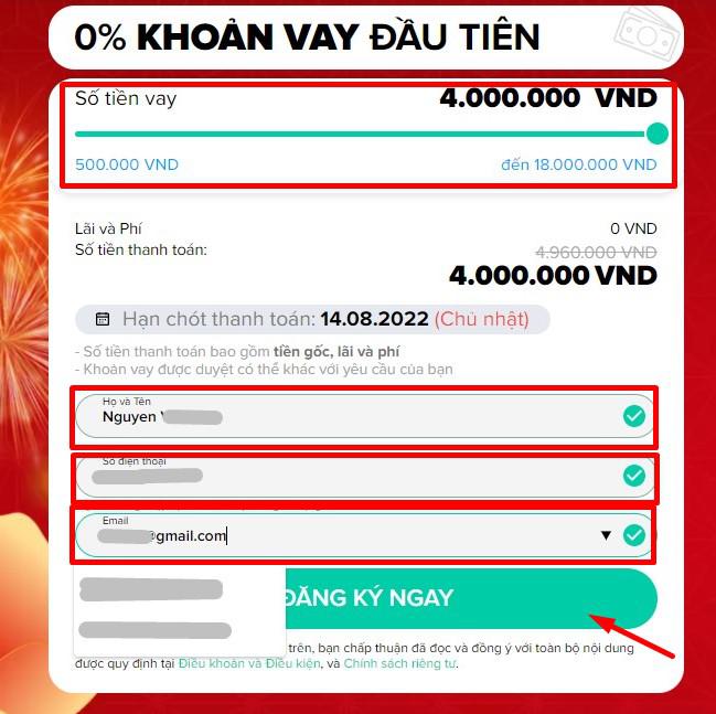 nhập thông tin đăng ký vay tiền nhanh online