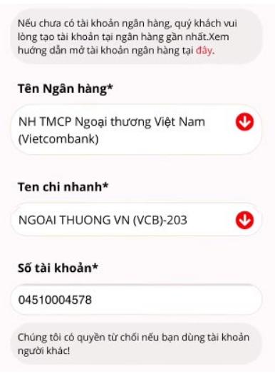 Cung cấp thông tin nhận thanh toán bằng VayVND